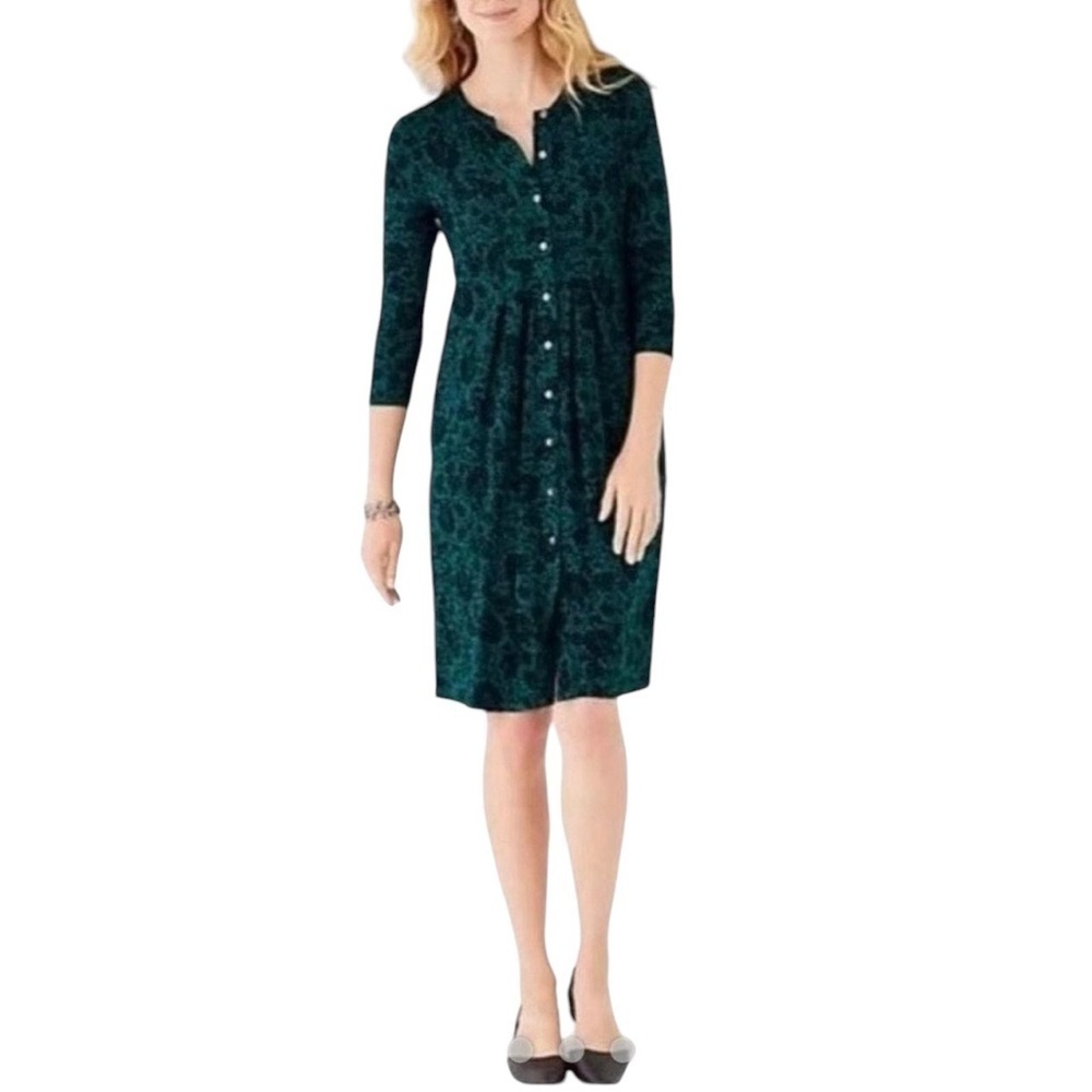 J. Jill Green Floral Print Midi Dress Jersey Knit 3/4 Sleeve Sz L